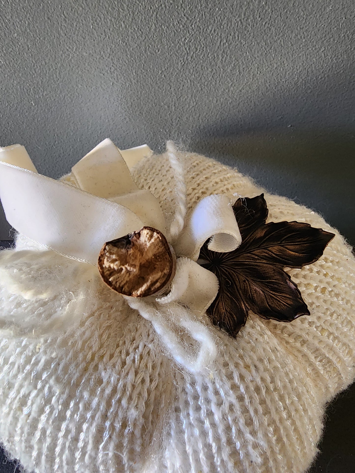 Creamy White Knit Pumpkin PIllow Pouf with Vintage Velvet Ribbon and Aged Copper Leaf