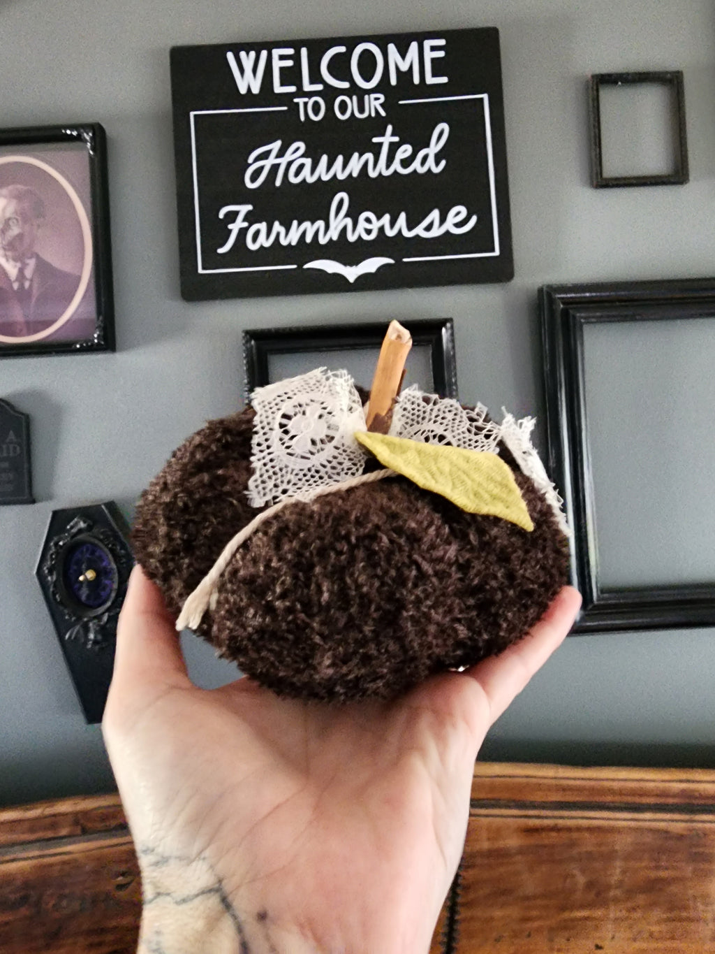 "Cafe Du Foret" Brown Knit Pumpkin Pillow Pouf with Vintage Ribbon and Vintage Velvet Leaf