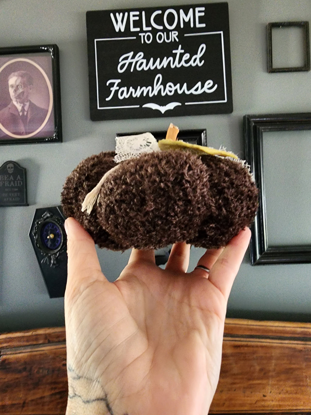 "Cafe Du Foret" Brown Knit Pumpkin Pillow Pouf with Vintage Ribbon and Vintage Velvet Leaf