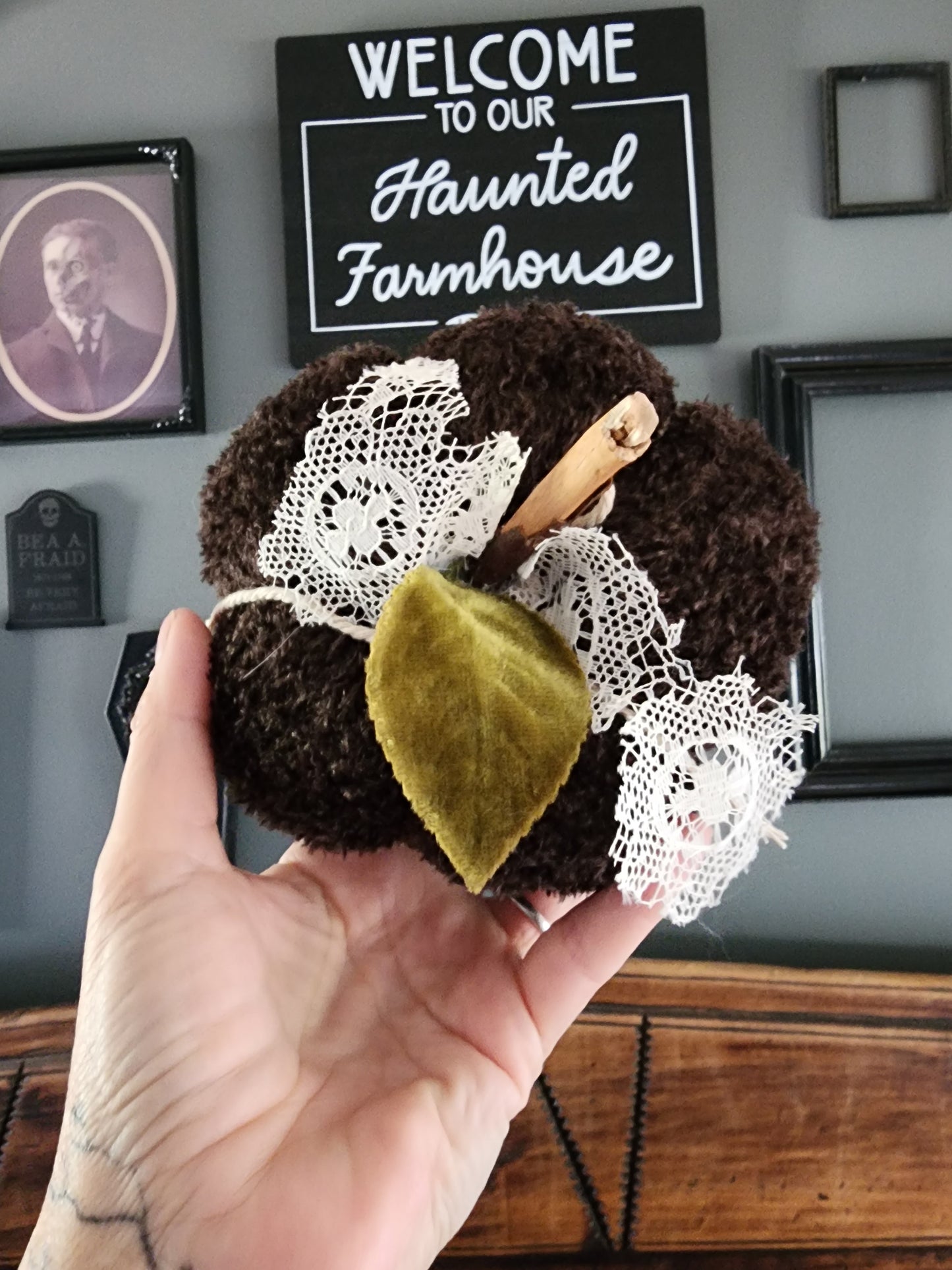 "Cafe Du Foret" Brown Knit Pumpkin Pillow Pouf with Vintage Ribbon and Vintage Velvet Leaf