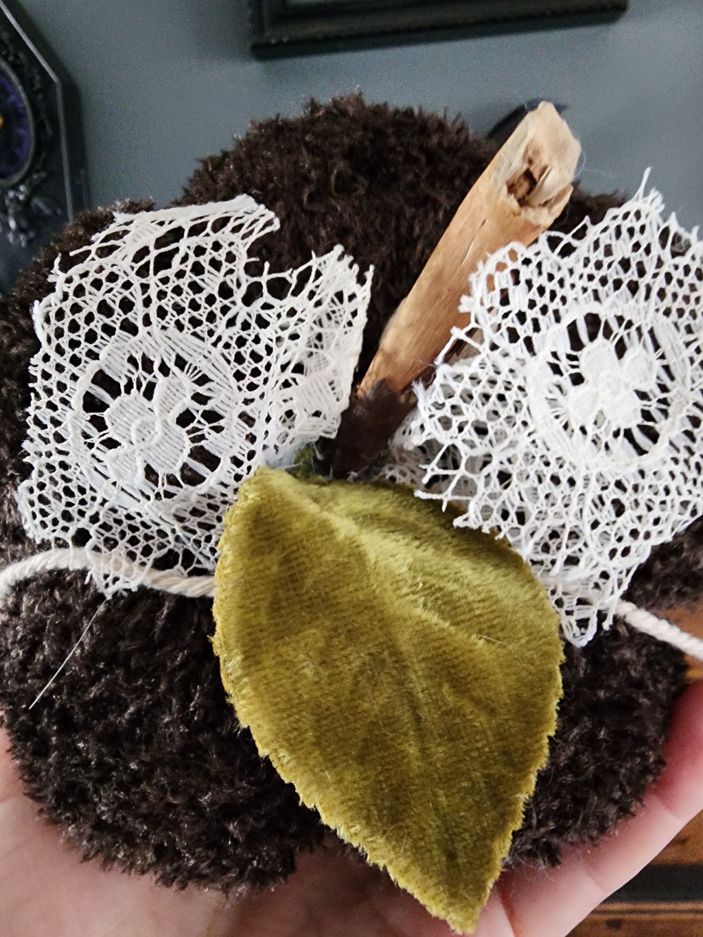 "Cafe Du Foret" Brown Knit Pumpkin Pillow Pouf with Vintage Ribbon and Vintage Velvet Leaf