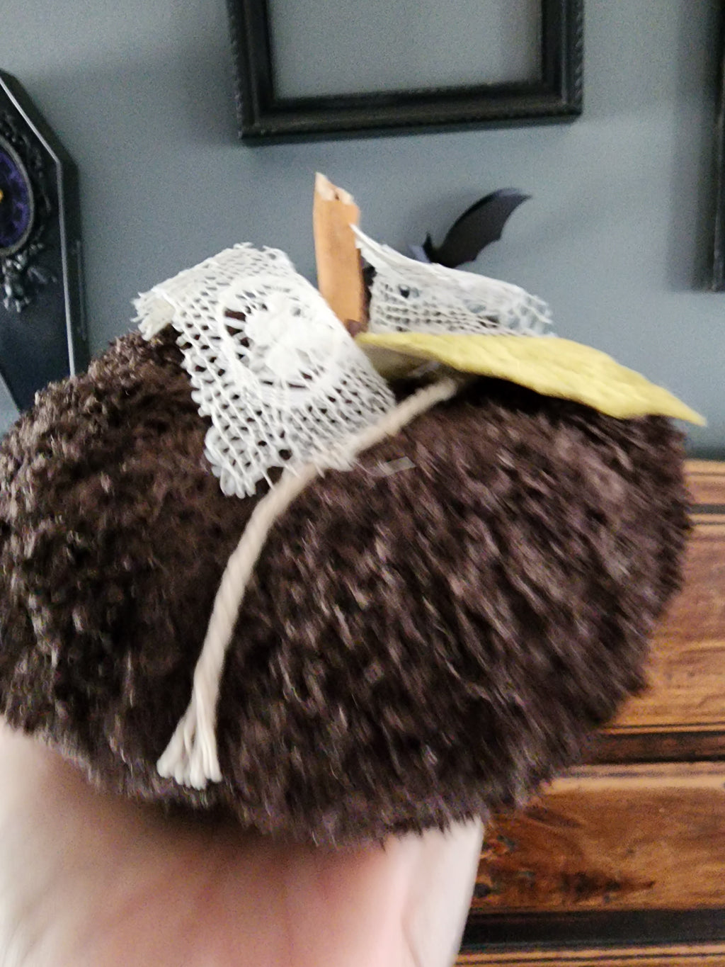 "Cafe Du Foret" Brown Knit Pumpkin Pillow Pouf with Vintage Ribbon and Vintage Velvet Leaf