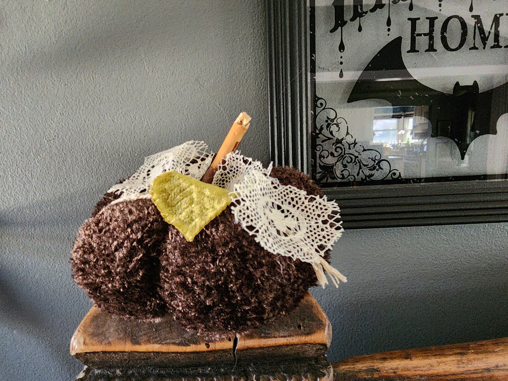 "Cafe Du Foret" Brown Knit Pumpkin Pillow Pouf with Vintage Ribbon and Vintage Velvet Leaf