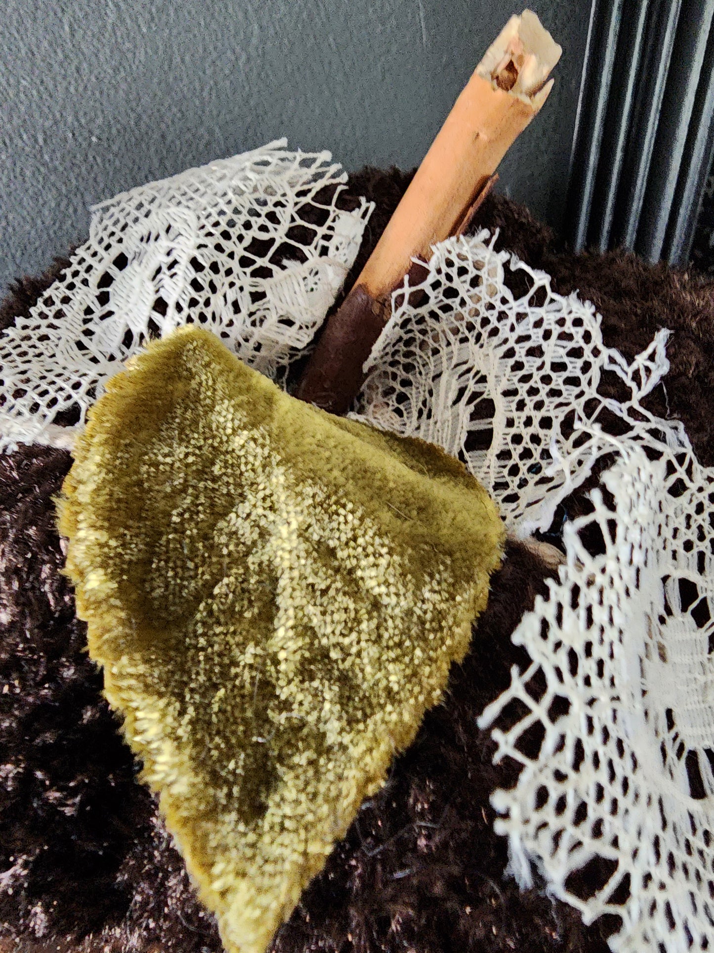 "Cafe Du Foret" Brown Knit Pumpkin Pillow Pouf with Vintage Ribbon and Vintage Velvet Leaf
