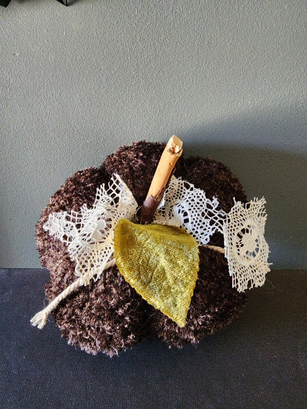 "Cafe Du Foret" Brown Knit Pumpkin Pillow Pouf with Vintage Ribbon and Vintage Velvet Leaf