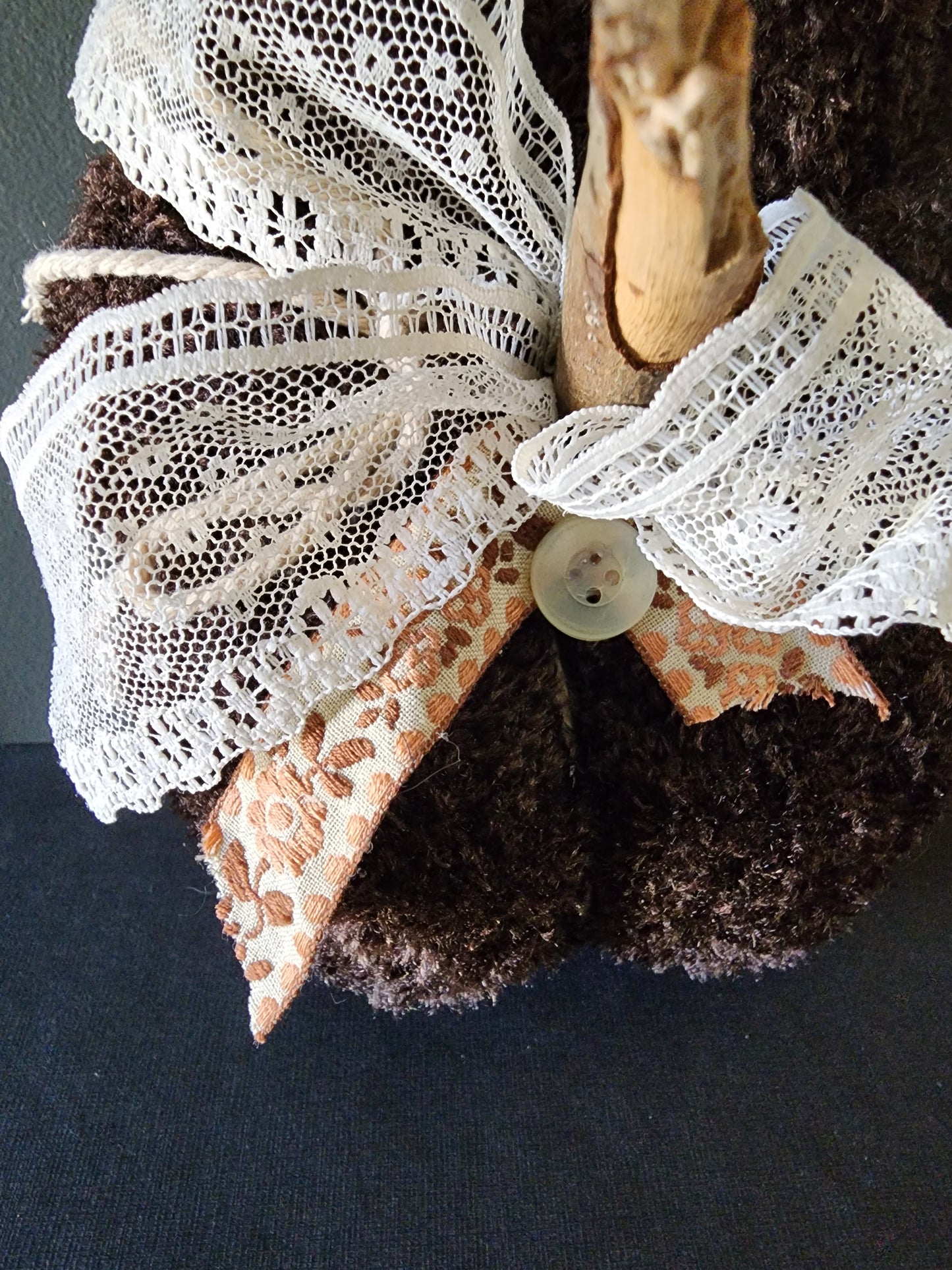 "Cafe Au Lait" Brown Knit Pumpkin Pillow Pouf with Vintage Ribbon and Lace