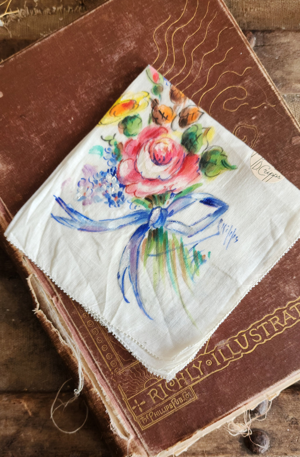 Vintage 1940s 1950s NWT Handkerchief, Hand Painted by D. Cripps with Flowers