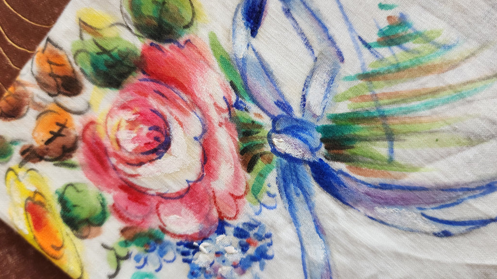 Vintage 1940s 1950s NWT Handkerchief, Hand Painted by D. Cripps with Flowers