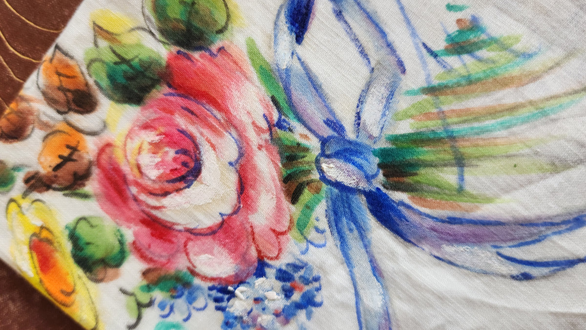 Vintage 1940s 1950s NWT Handkerchief, Hand Painted by D. Cripps with Flowers