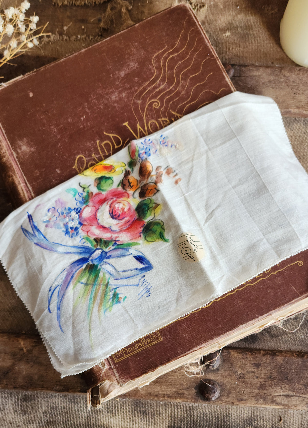 Vintage 1940s 1950s NWT Handkerchief, Hand Painted by D. Cripps with Flowers