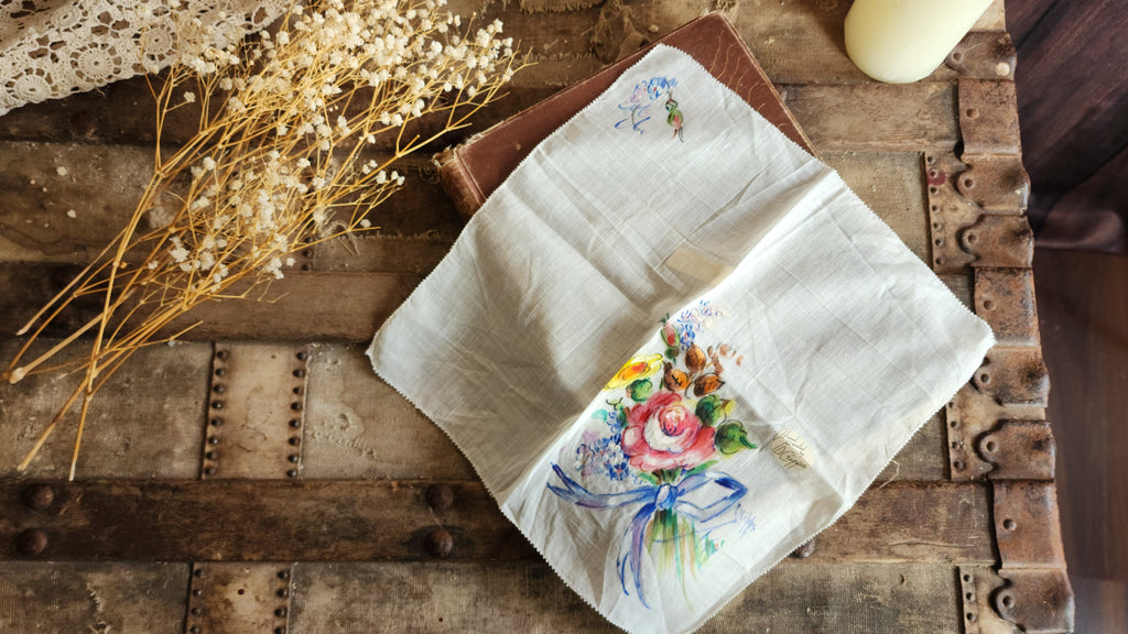 Vintage 1940s 1950s NWT Handkerchief, Hand Painted by D. Cripps with Flowers