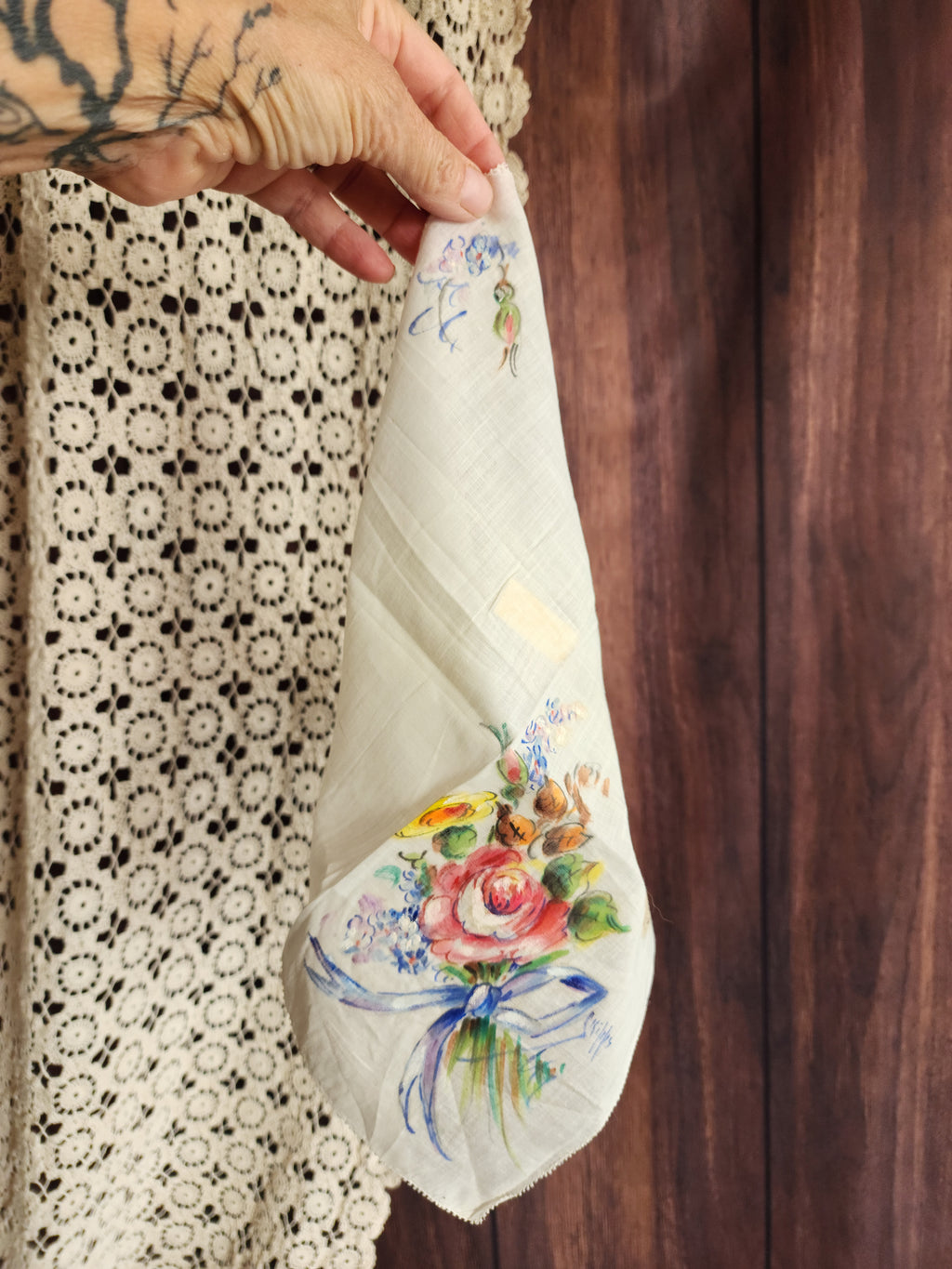 Vintage 1940s 1950s NWT Handkerchief, Hand Painted by D. Cripps with Flowers