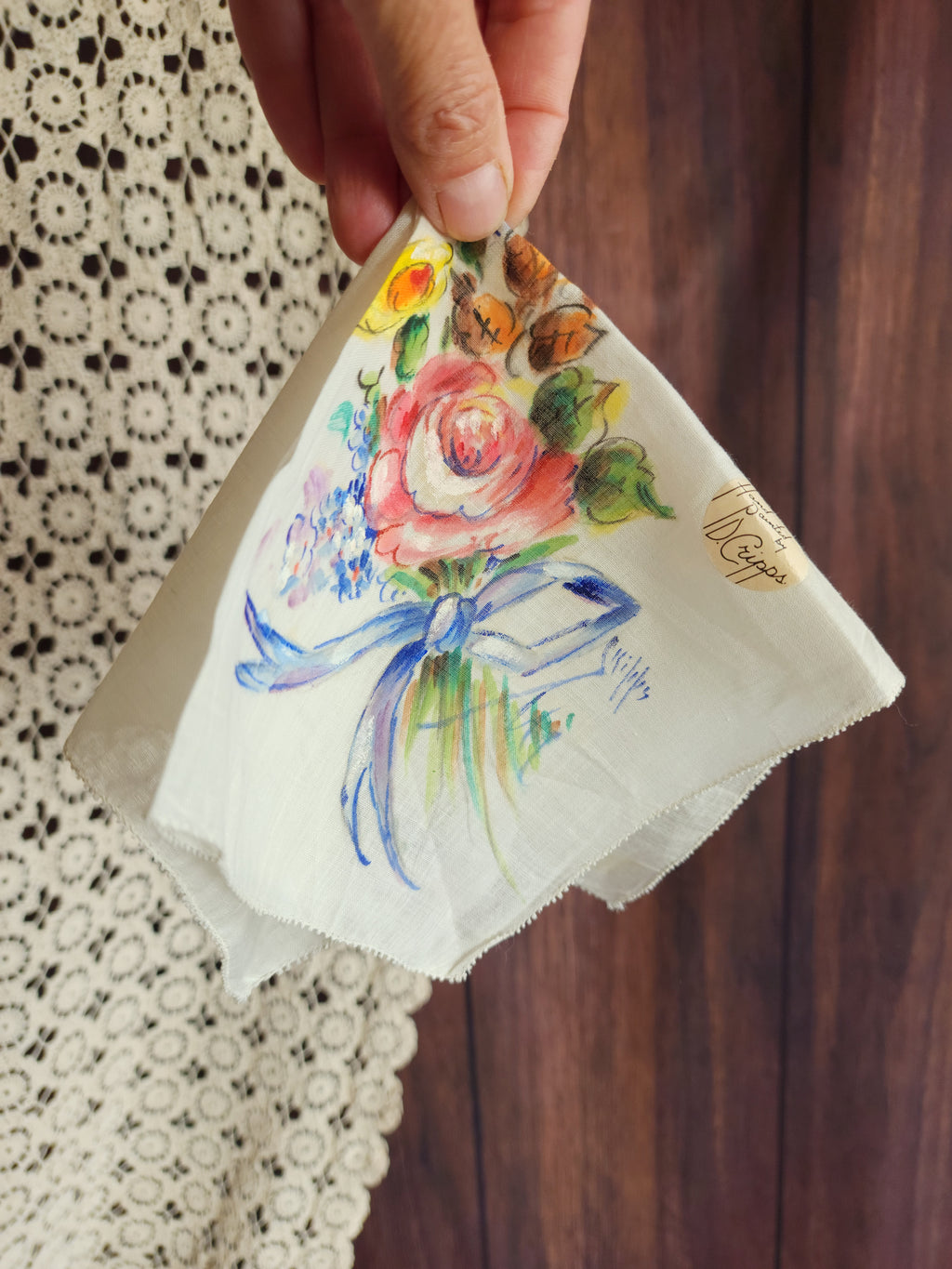 Vintage 1940s 1950s NWT Handkerchief, Hand Painted by D. Cripps with Flowers