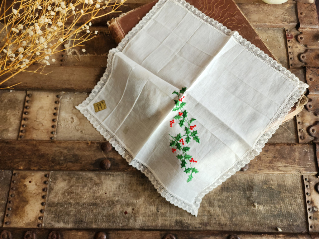 Vintage 1950s Christmas Handkerchief- NWT Embroidered Holly