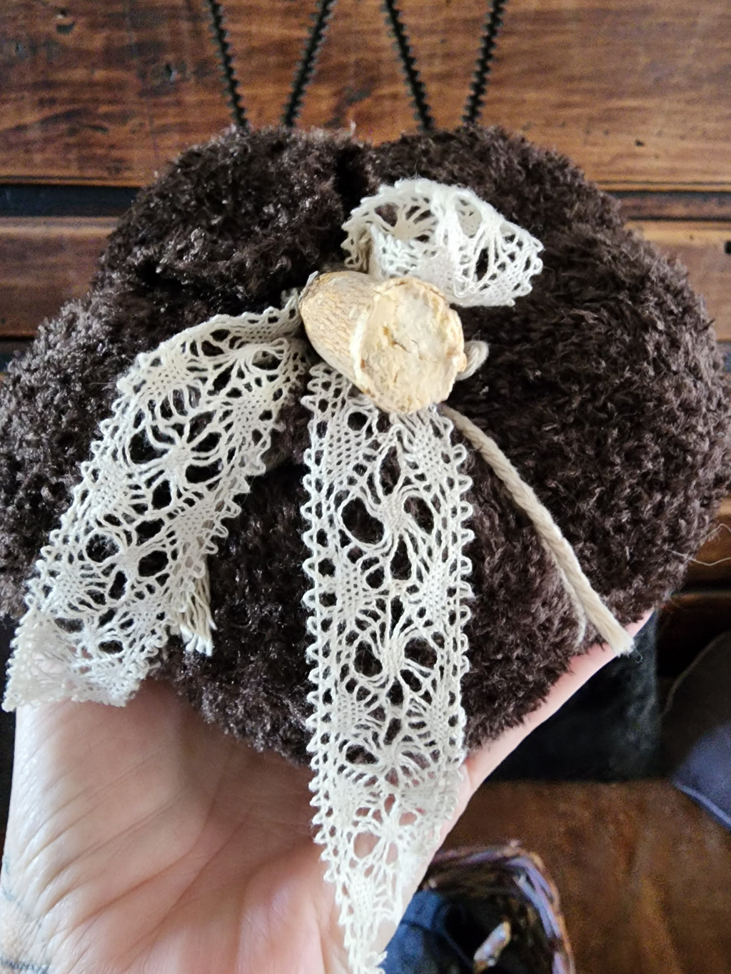 "Cafe Au Chocolat" Brown Knit Pumpkin Pillow Pouf with Vintage Ribbon and Lace