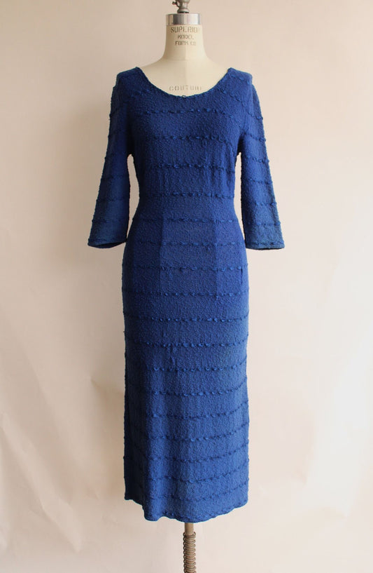 Vintage 1940s Volup Hand Loomed Snyderknit Royal Blue Ribbon Knit Dress