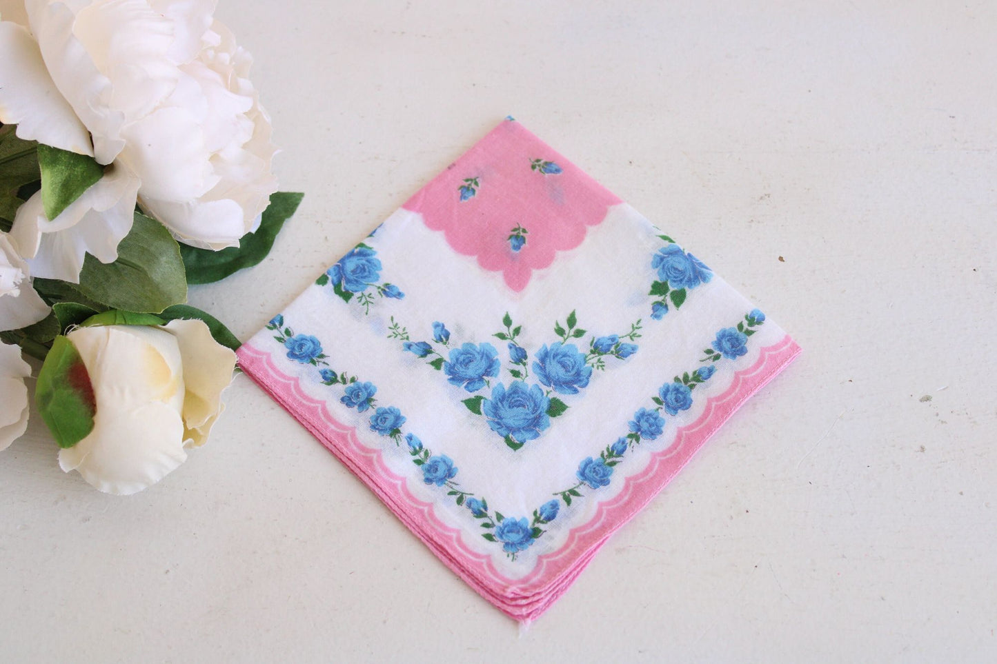Vintage Blue Roses and Pink Flower Print Cotton Hanky