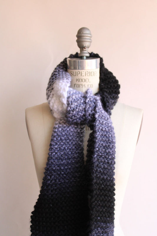 "Winter Ash" Hand Knit Scarf with Fringe in Ombre Black, Gray and White