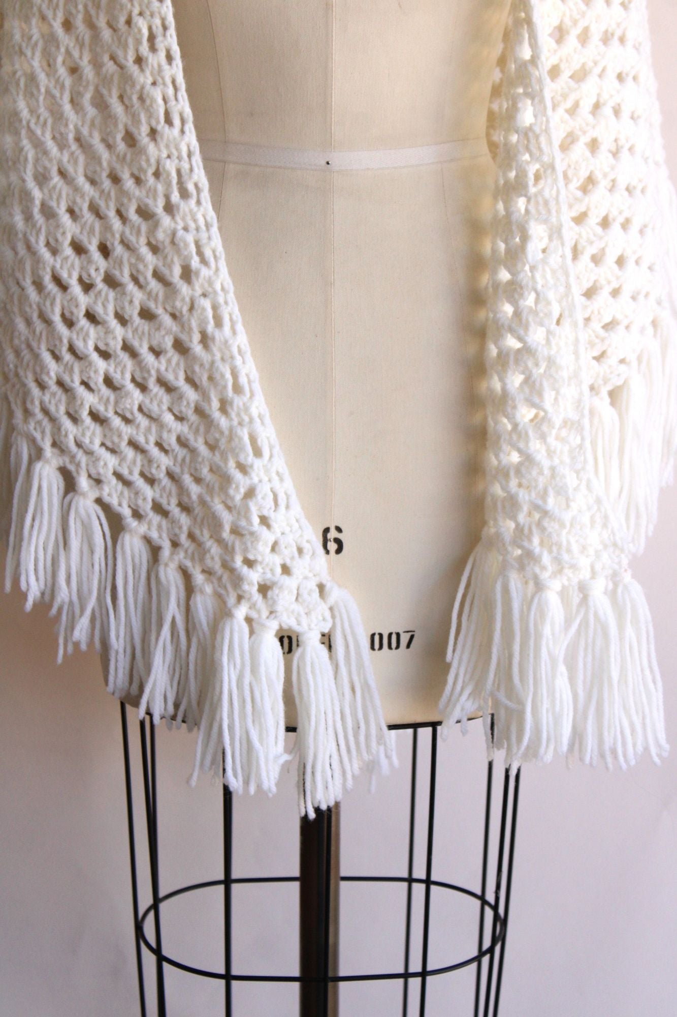 Vintage 1960s 1970s Shawl, White Knit with Fringe