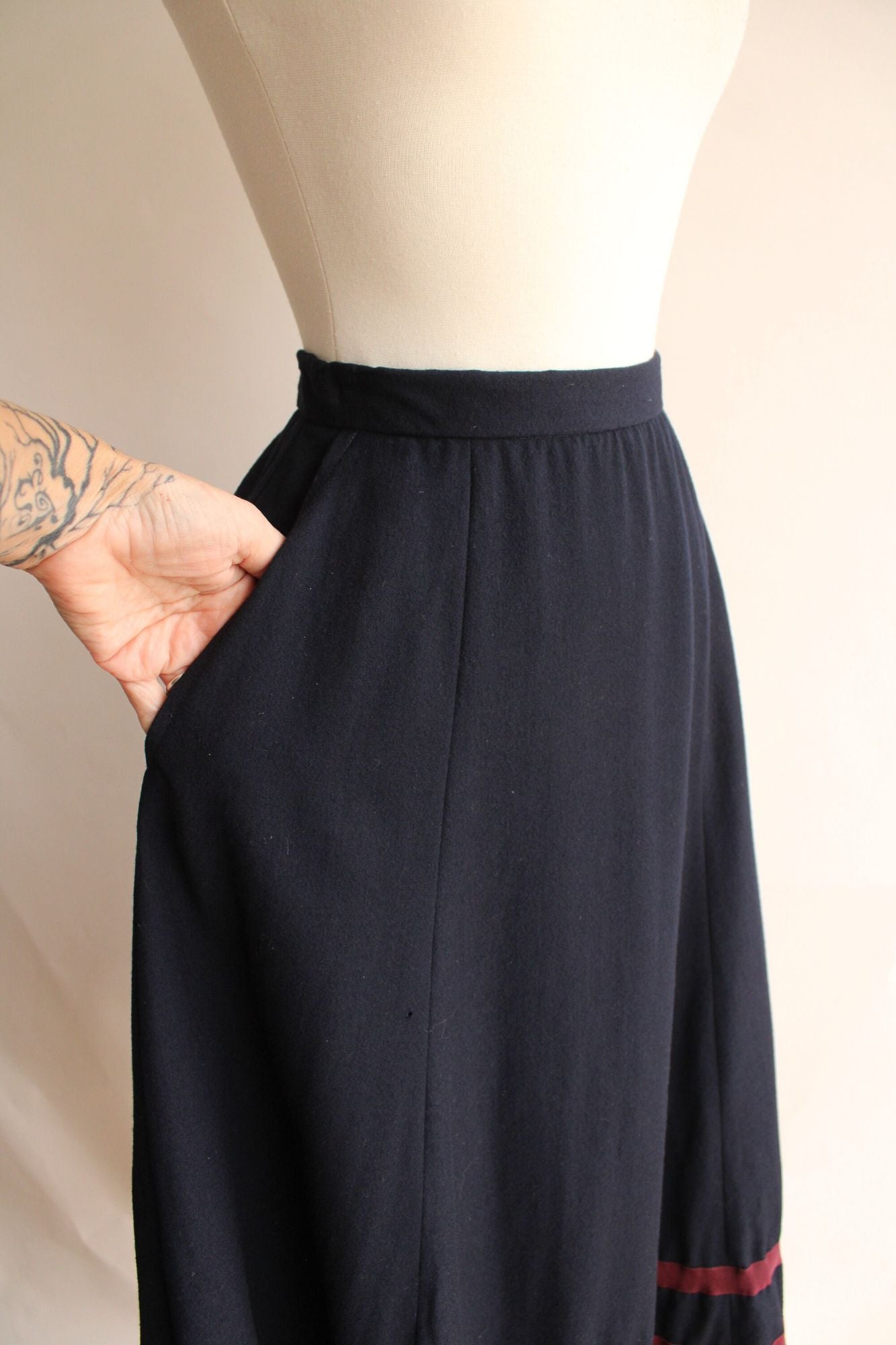 Vintage Ralph Lauren Skirt, Navy Blue Wool Tea Length with Burgundy Stripes, Size 6