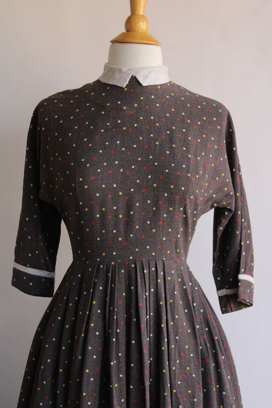 Vintage 1950s Brown with Multi Color Poldadots Dress
