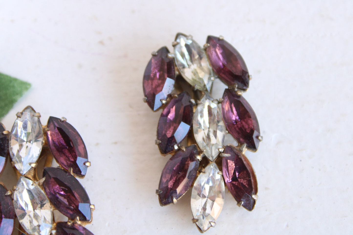 Vintage 1940s 1950s Shoe Clips, Purple and Clear Rhinestone Purse Embellishment