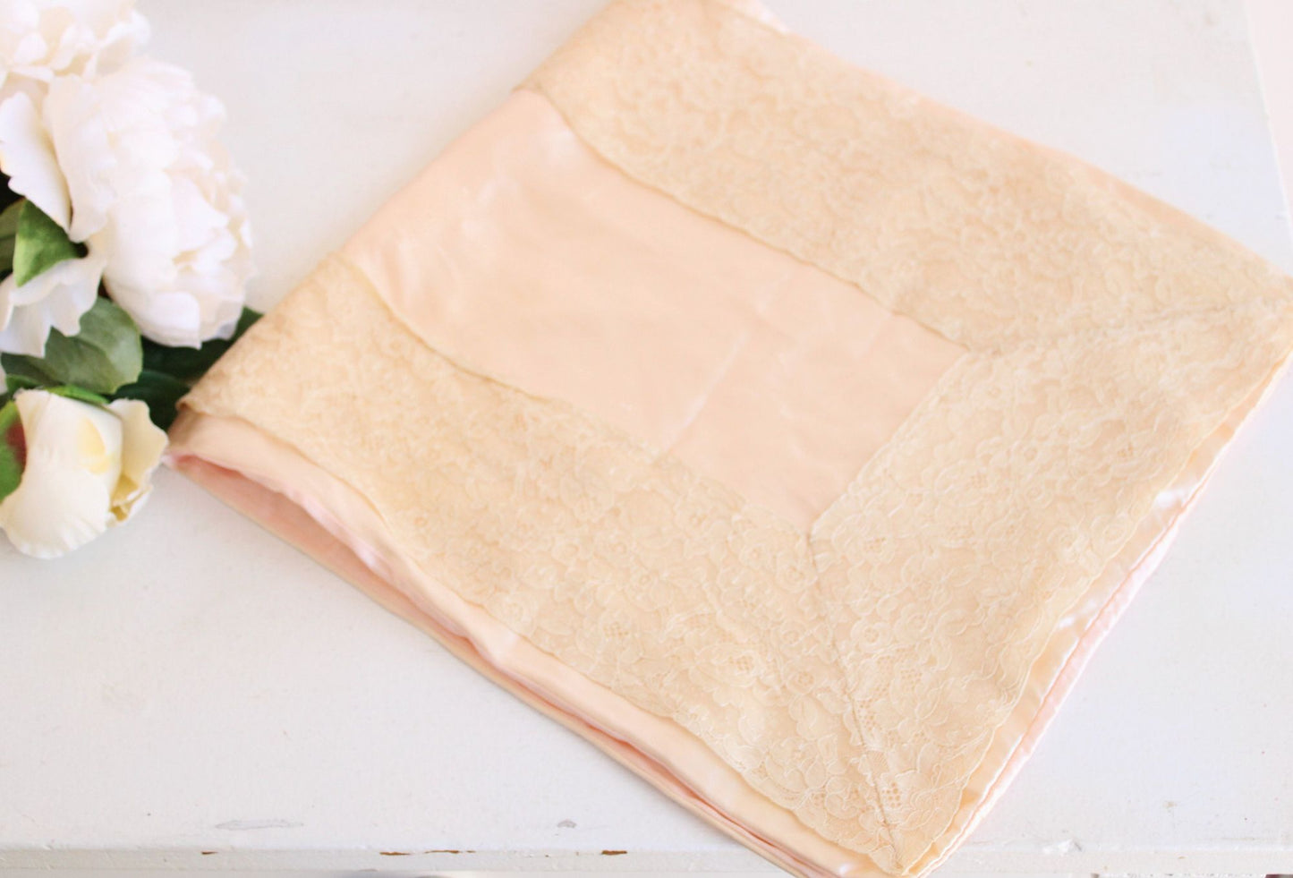 Vintage 1950s 1960s Pink Silk Satin and Lace Pillowcase
