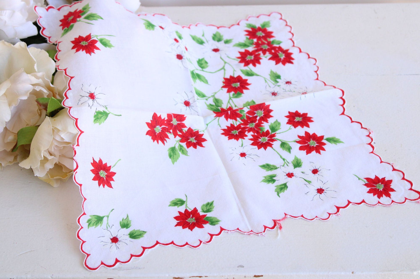 Vintage Christmas Handkerchief with Poinsettias and Red Trim