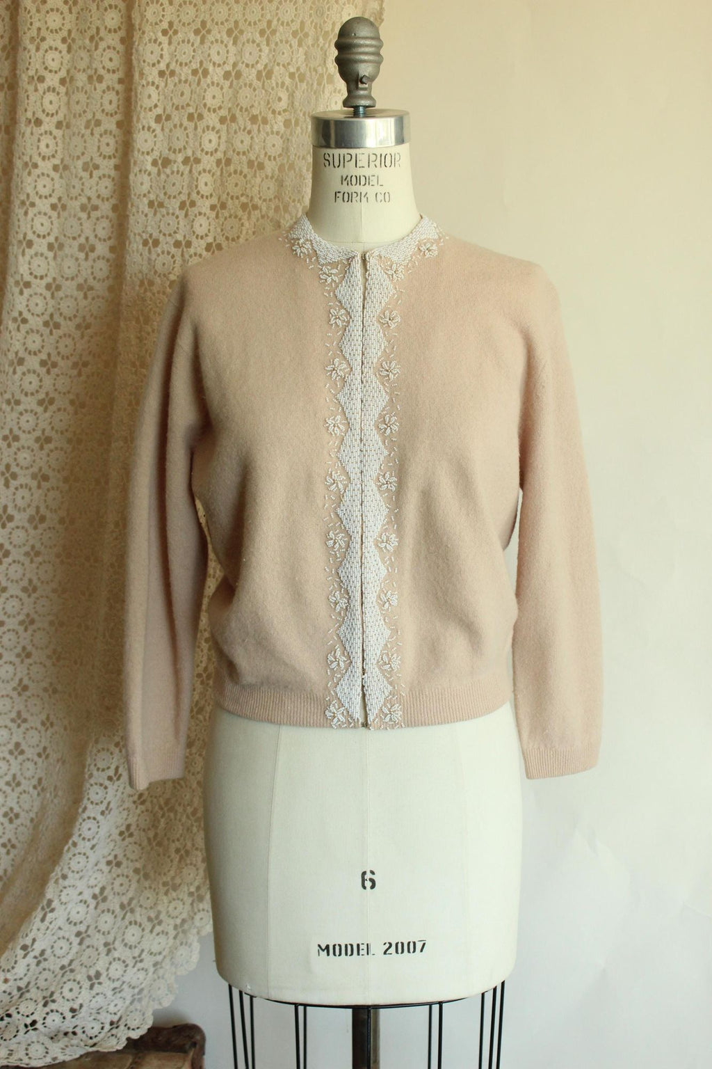 Vintage 1950s Bima Knits Beige Wool Beaded Cardigan