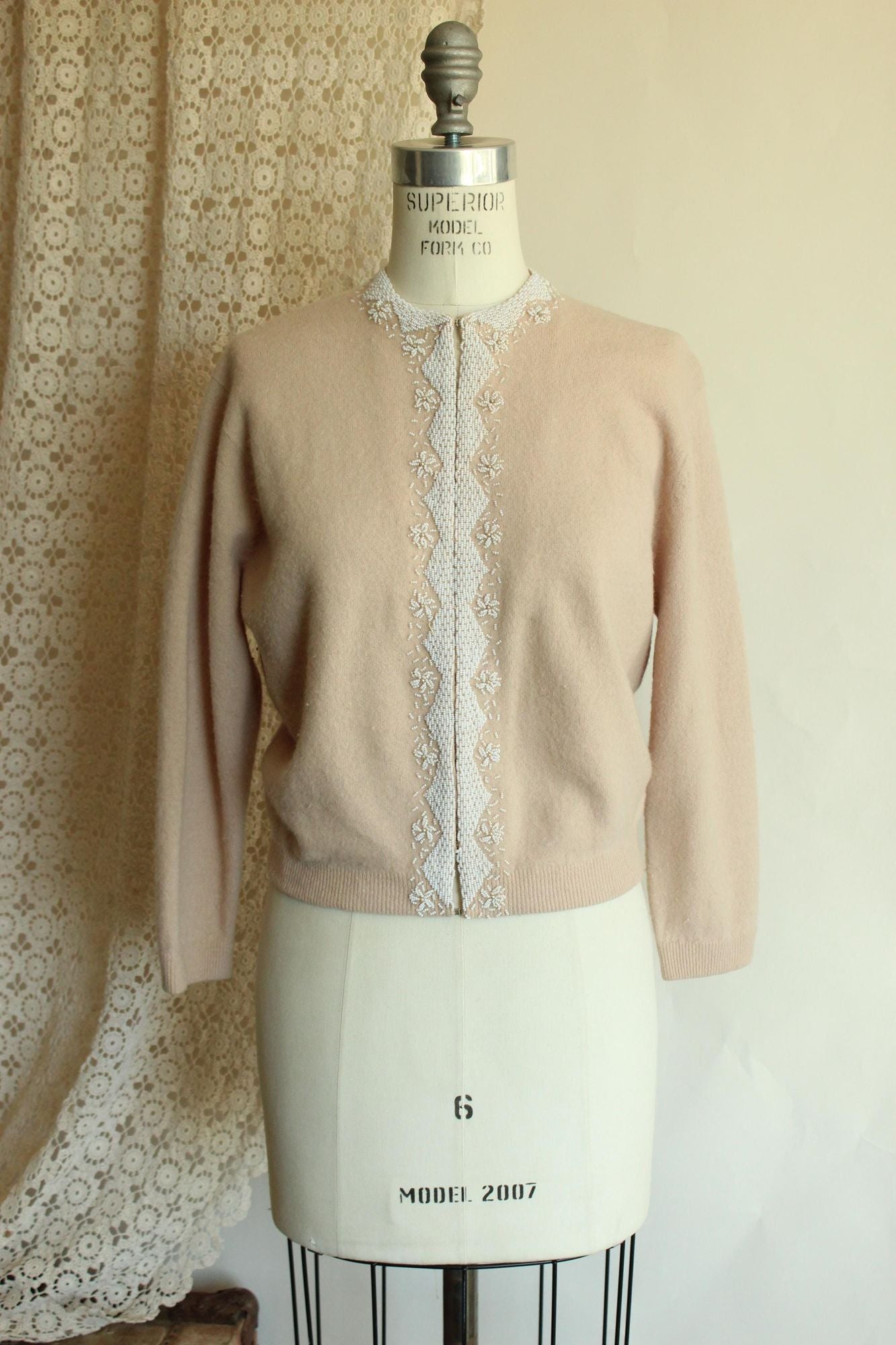 Vintage 1950s Bima Knits Beige Wool Beaded Cardigan