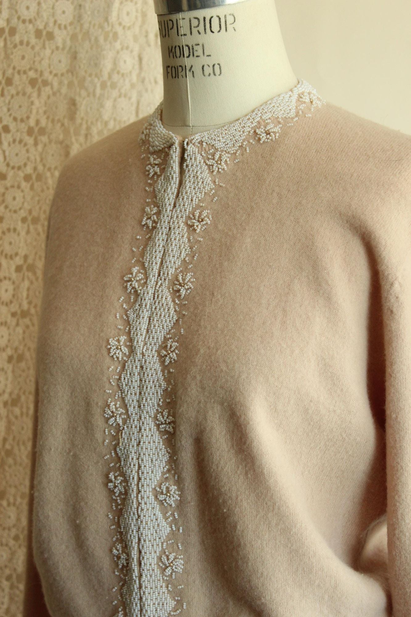 Vintage 1950s Bima Knits Beige Wool Beaded Cardigan