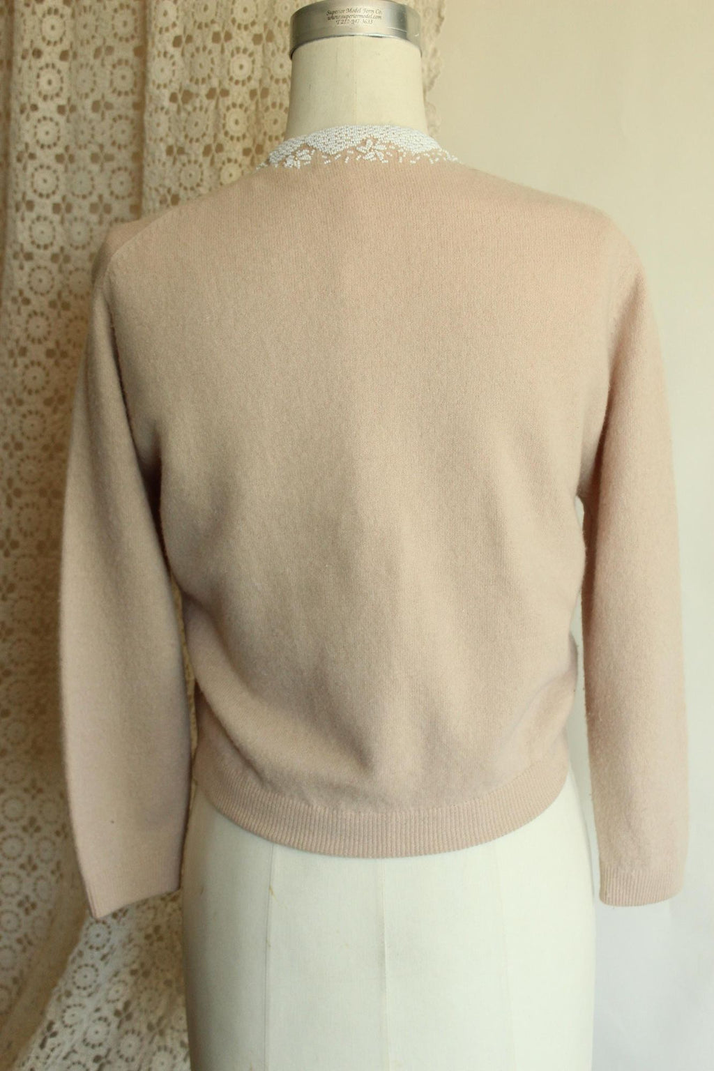 Vintage 1950s Bima Knits Beige Wool Beaded Cardigan