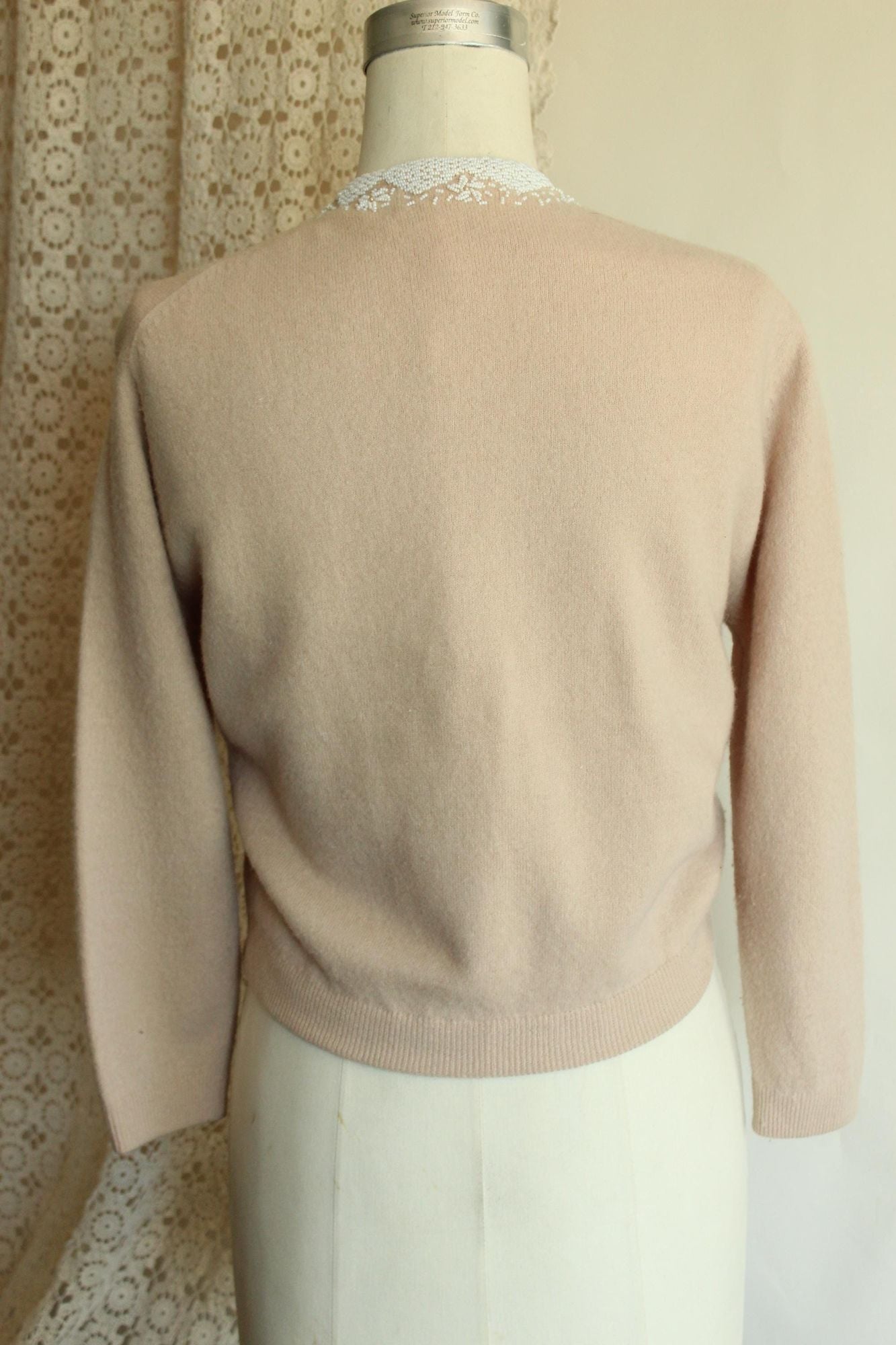 Vintage 1950s Bima Knits Beige Wool Beaded Cardigan