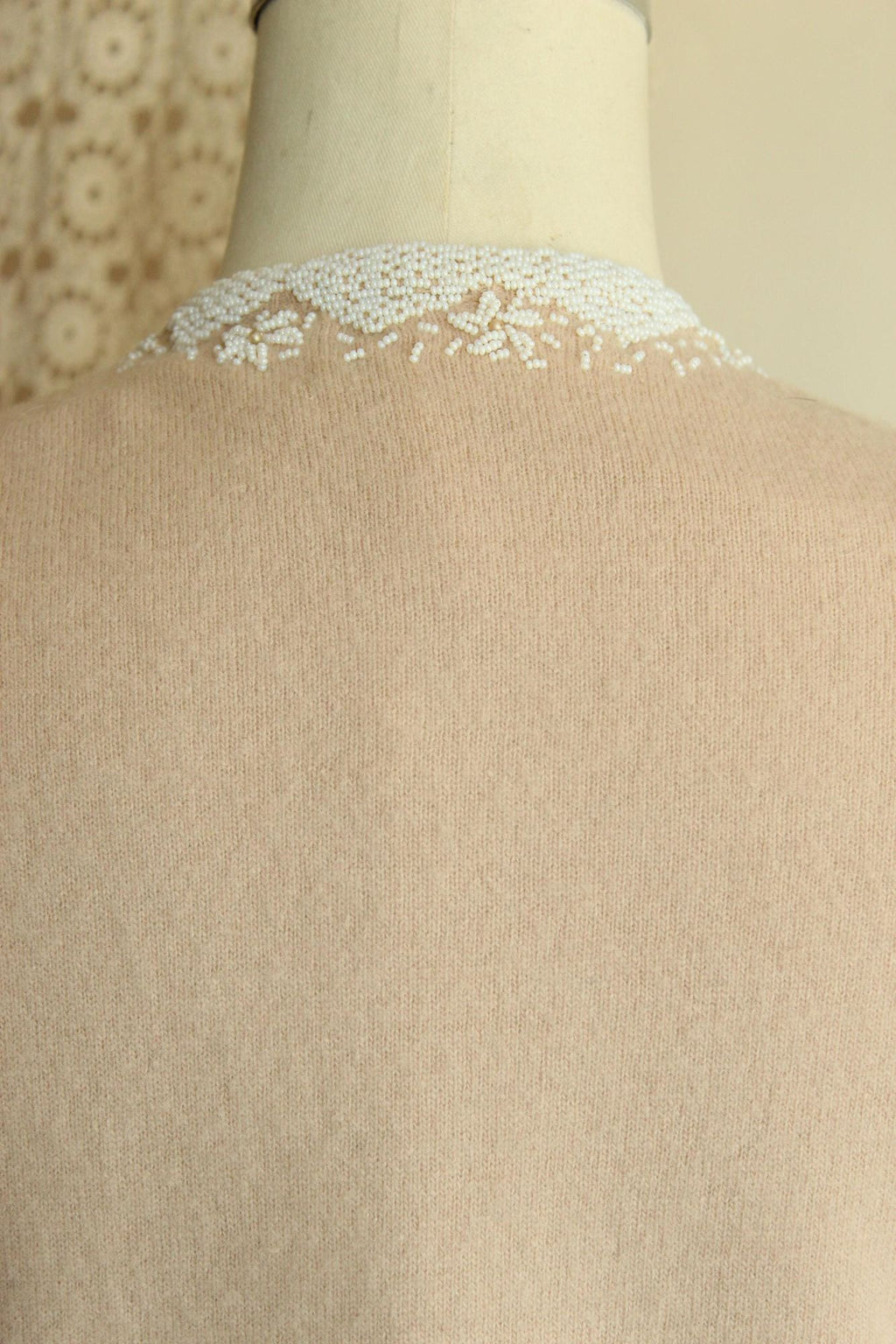 Vintage 1950s Bima Knits Beige Wool Beaded Cardigan