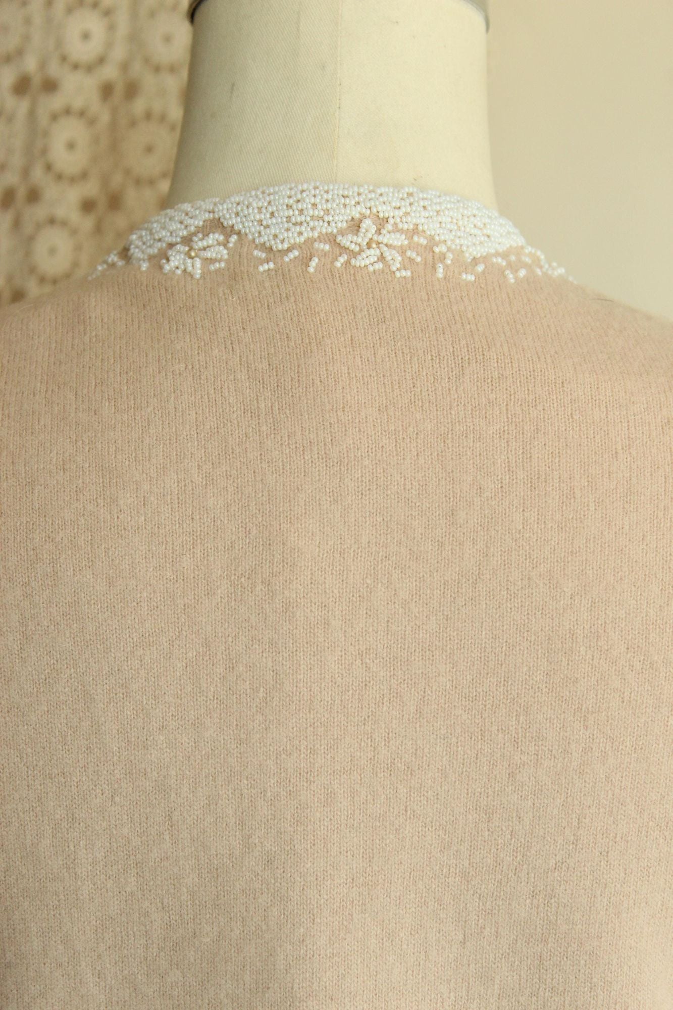 Vintage 1950s Bima Knits Beige Wool Beaded Cardigan