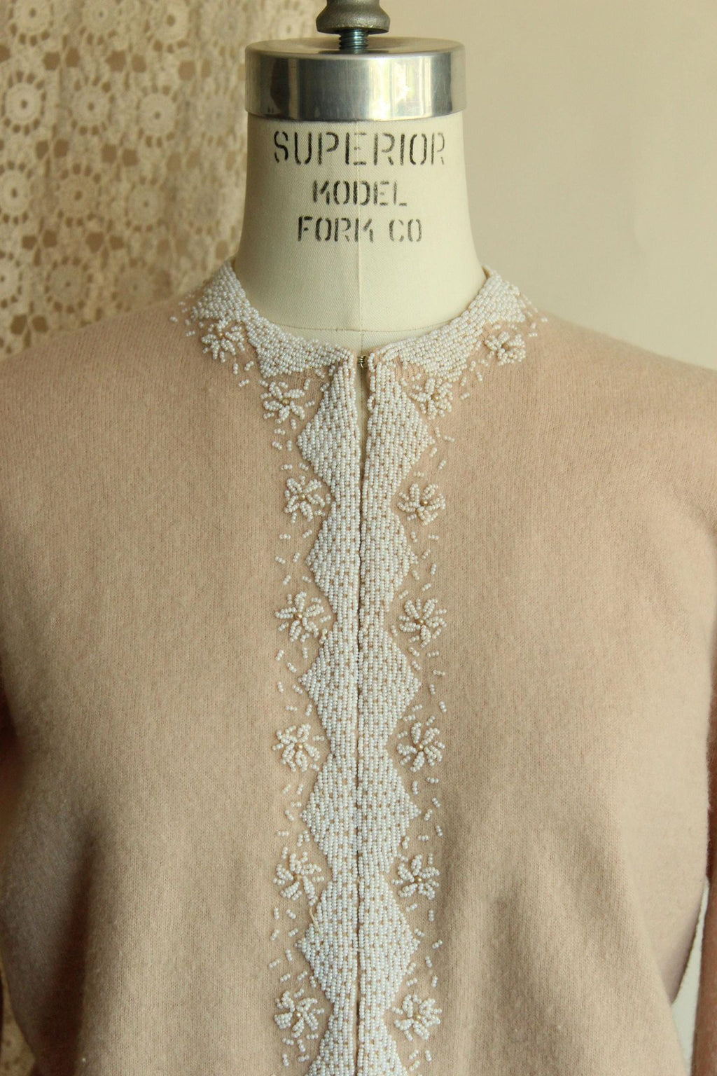 Vintage 1950s Bima Knits Beige Wool Beaded Cardigan