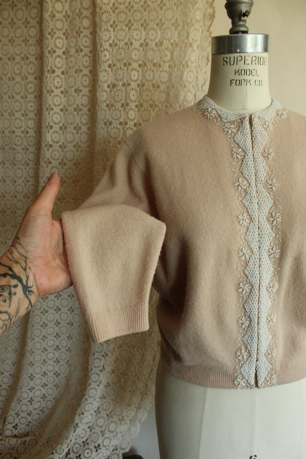 Vintage 1950s Bima Knits Beige Wool Beaded Cardigan