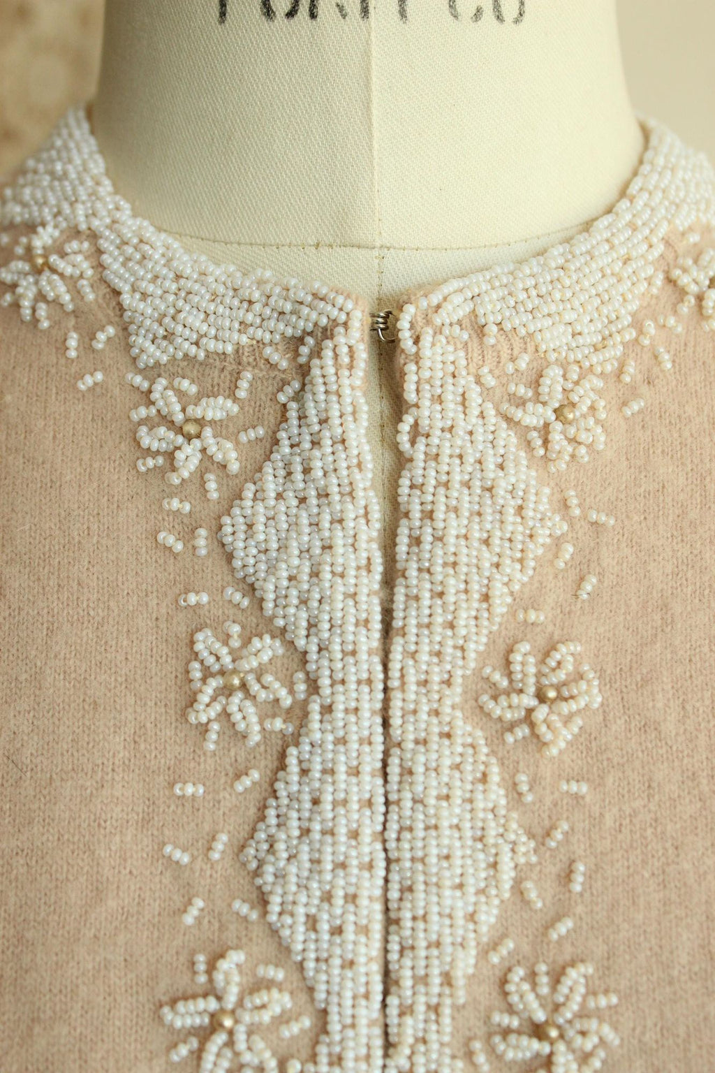 Vintage 1950s Bima Knits Beige Wool Beaded Cardigan