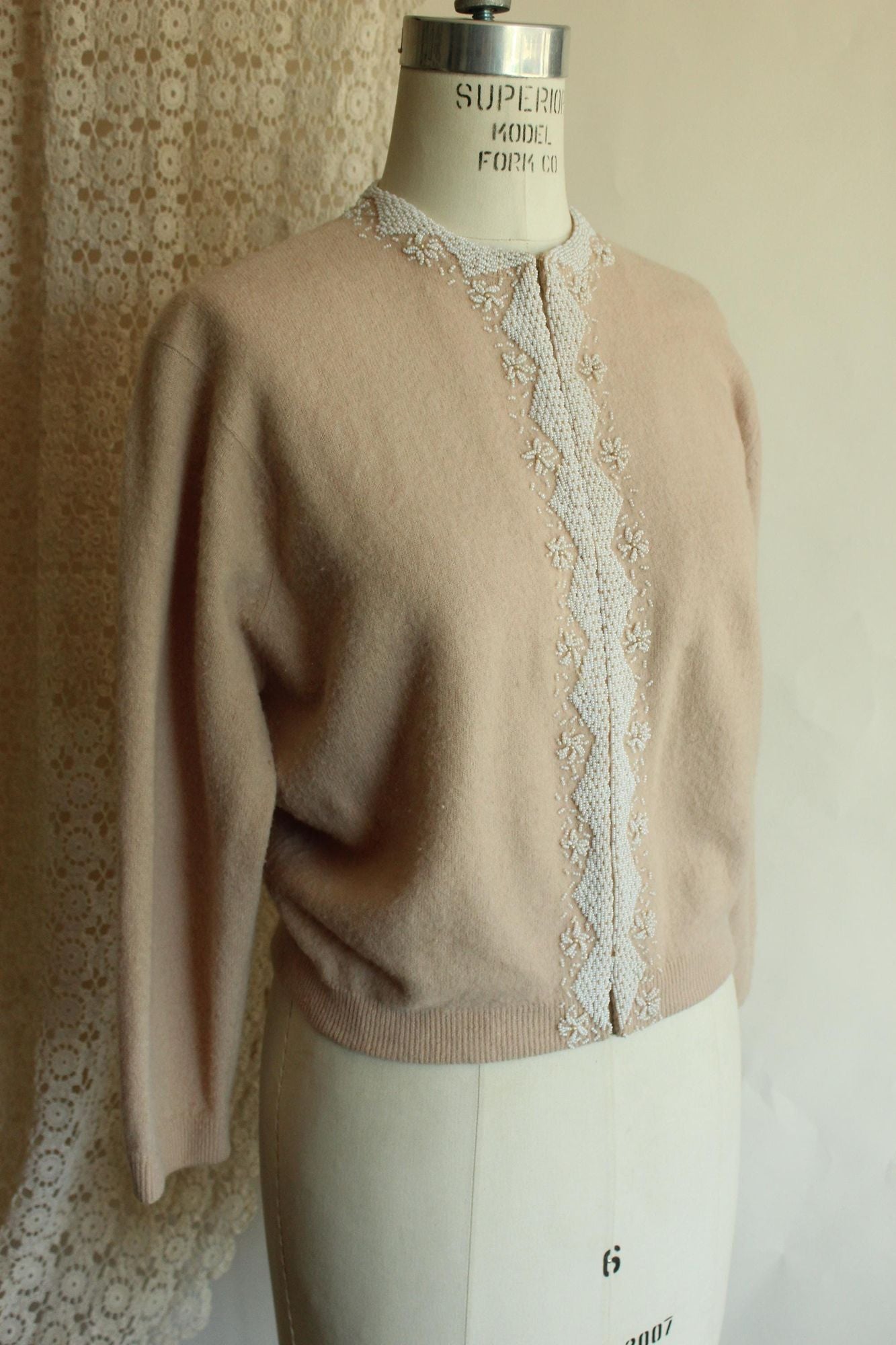 Vintage 1950s Bima Knits Beige Wool Beaded Cardigan