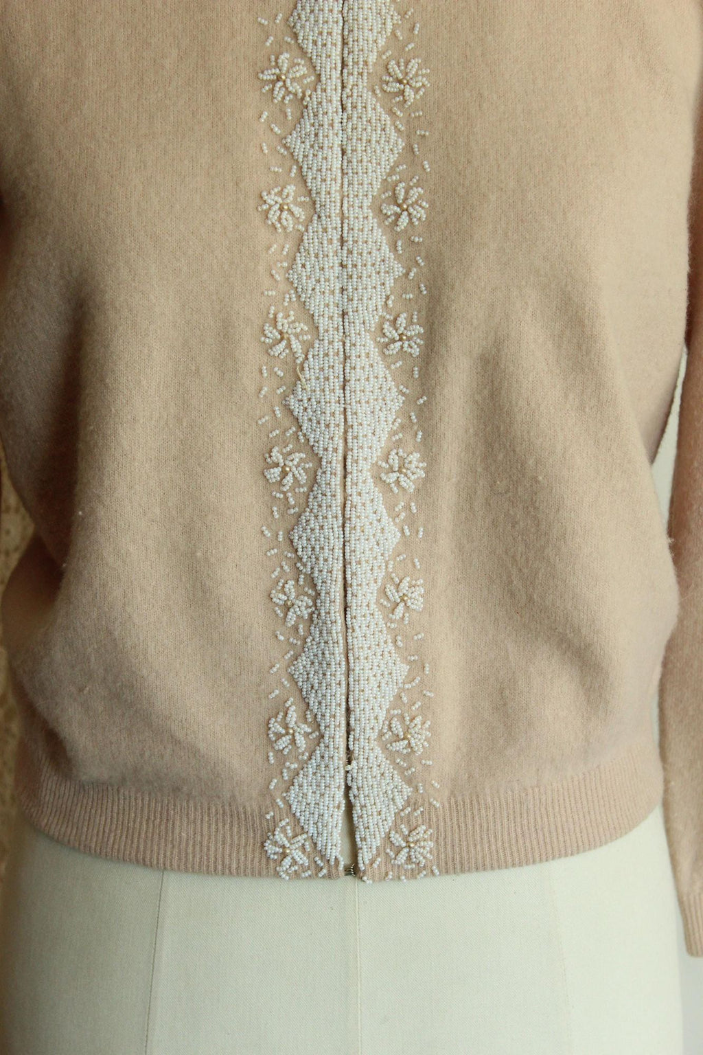 Vintage 1950s Bima Knits Beige Wool Beaded Cardigan
