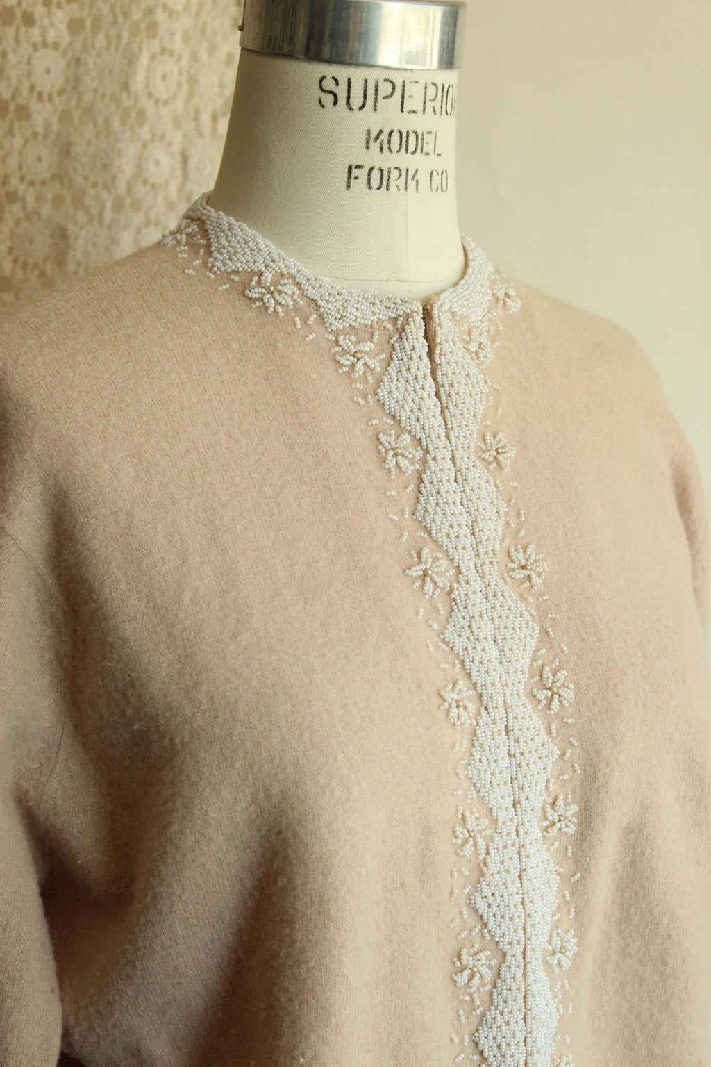 Vintage 1950s Bima Knits Beige Wool Beaded Cardigan