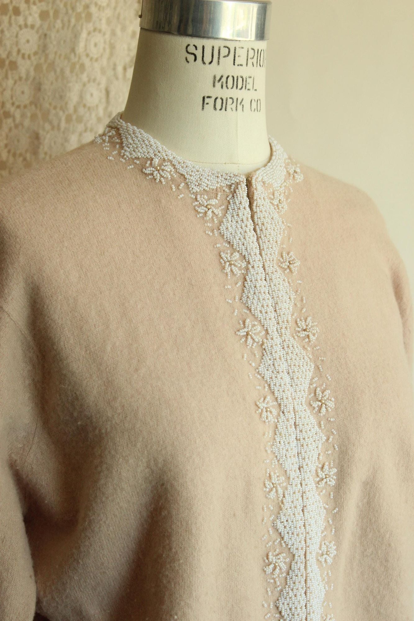 Vintage 1950s Bima Knits Beige Wool Beaded Cardigan
