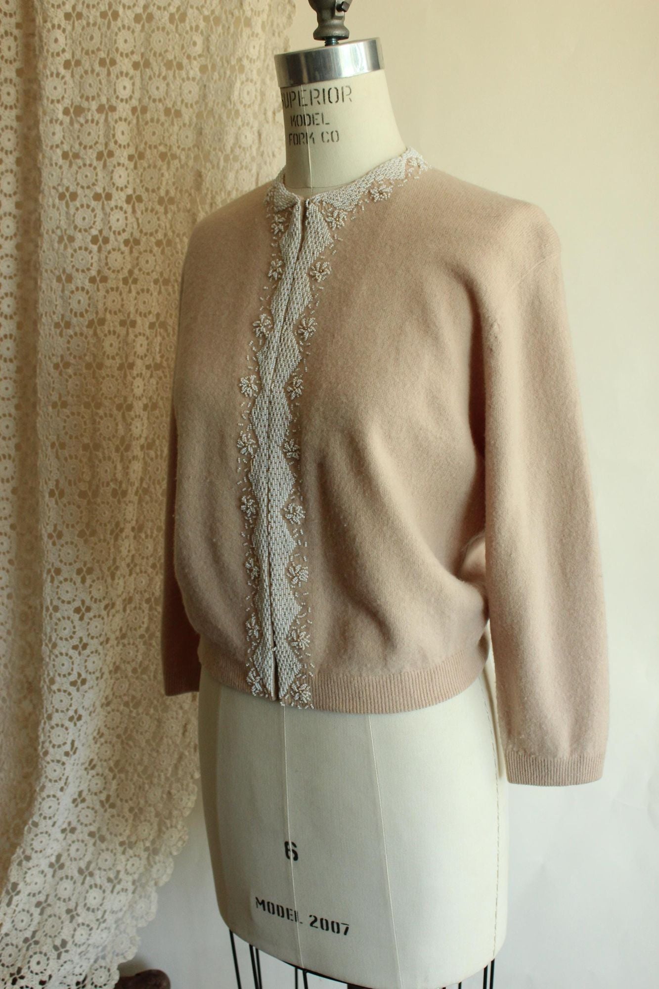 Vintage 1950s Bima Knits Beige Wool Beaded Cardigan