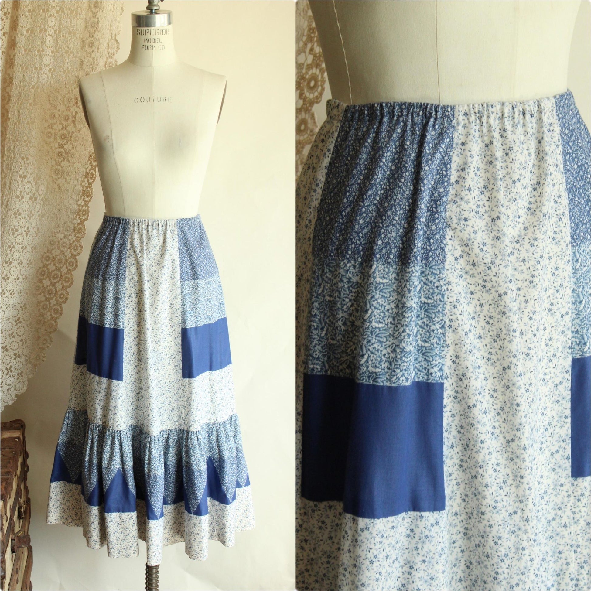 Vintage 1970s Volup Calico Patchwork Prairie Skirt