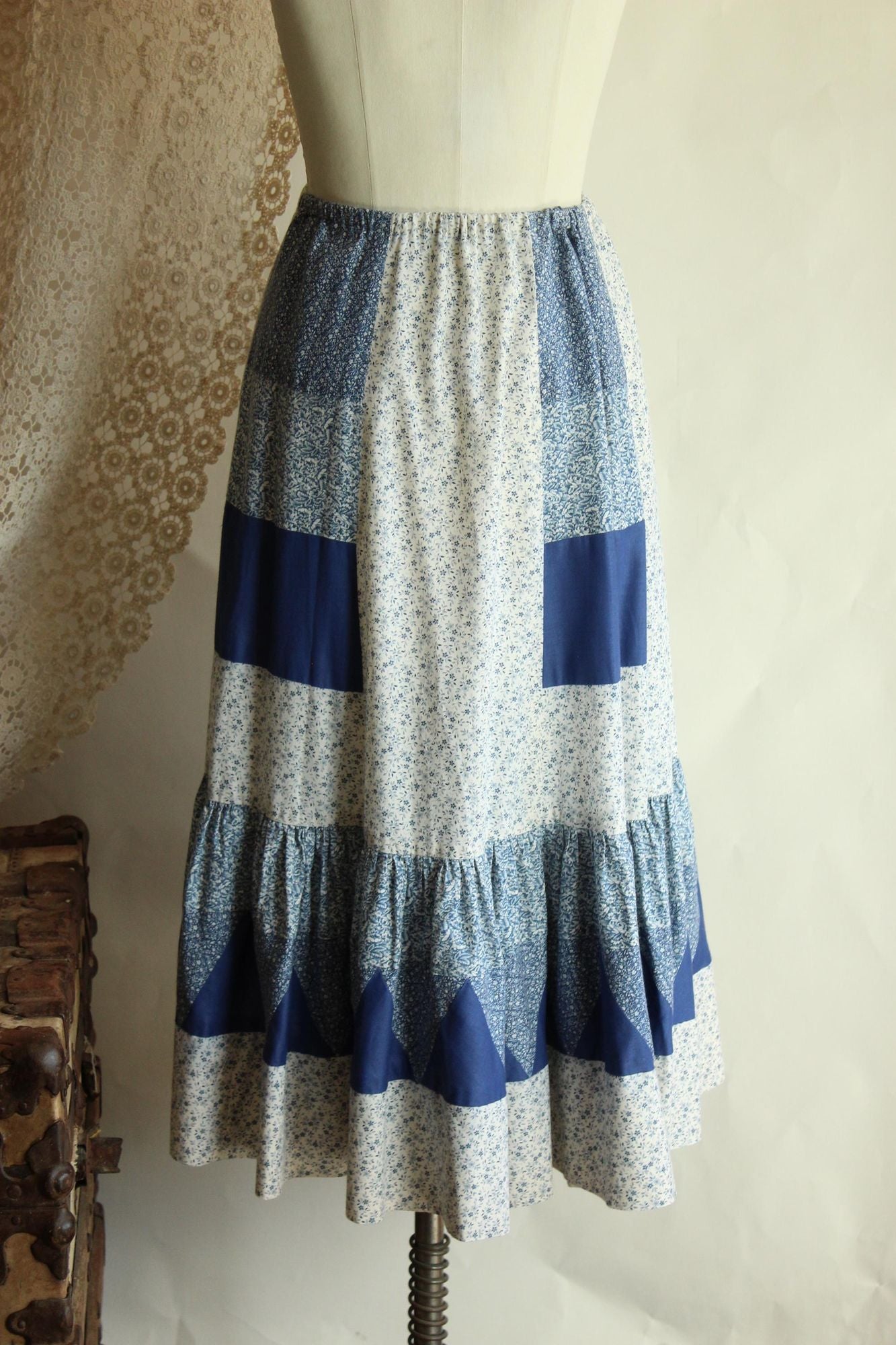 Vintage 1970s Volup Calico Patchwork Prairie Skirt