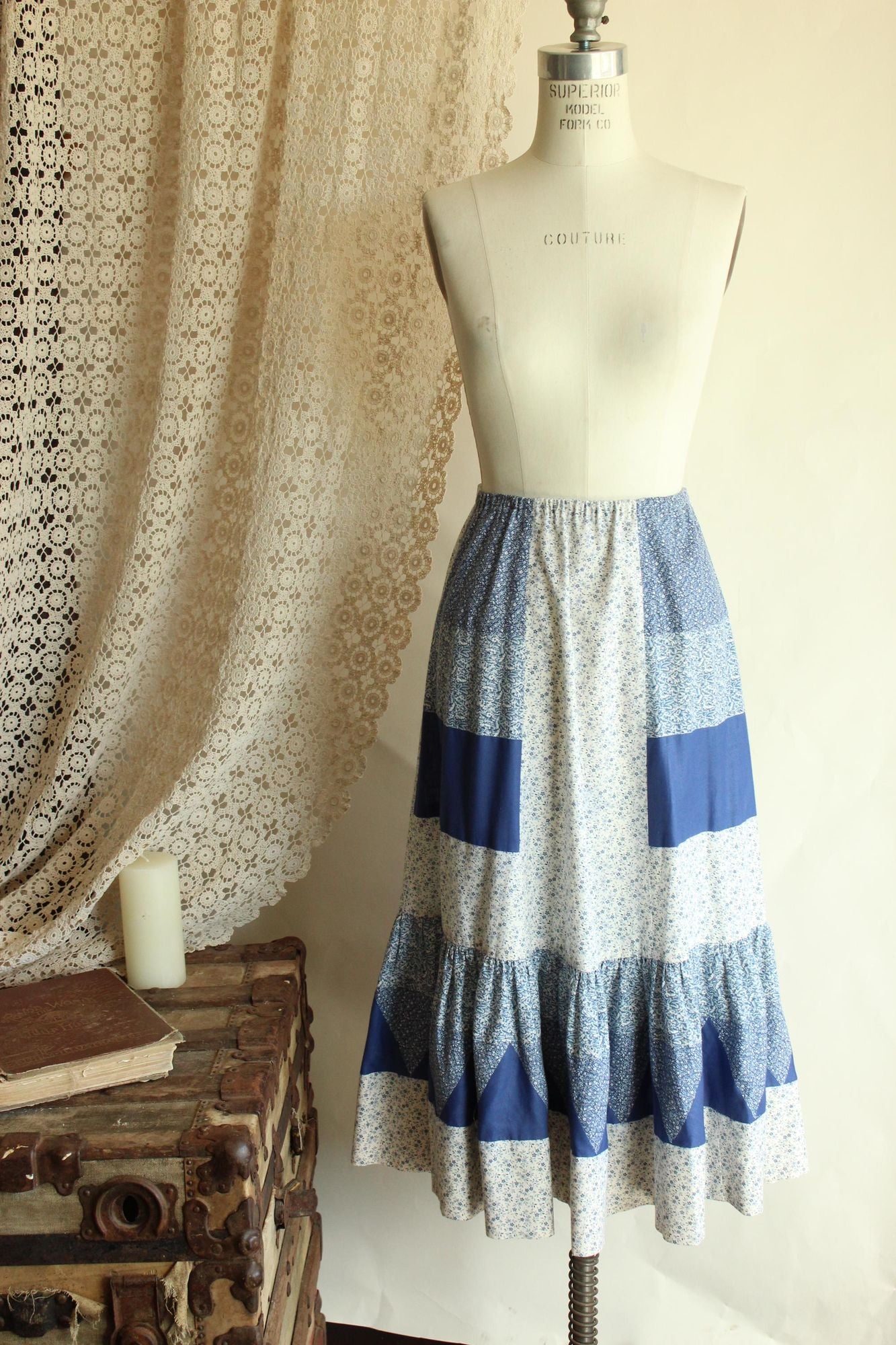 Vintage 1970s Volup Calico Patchwork Prairie Skirt