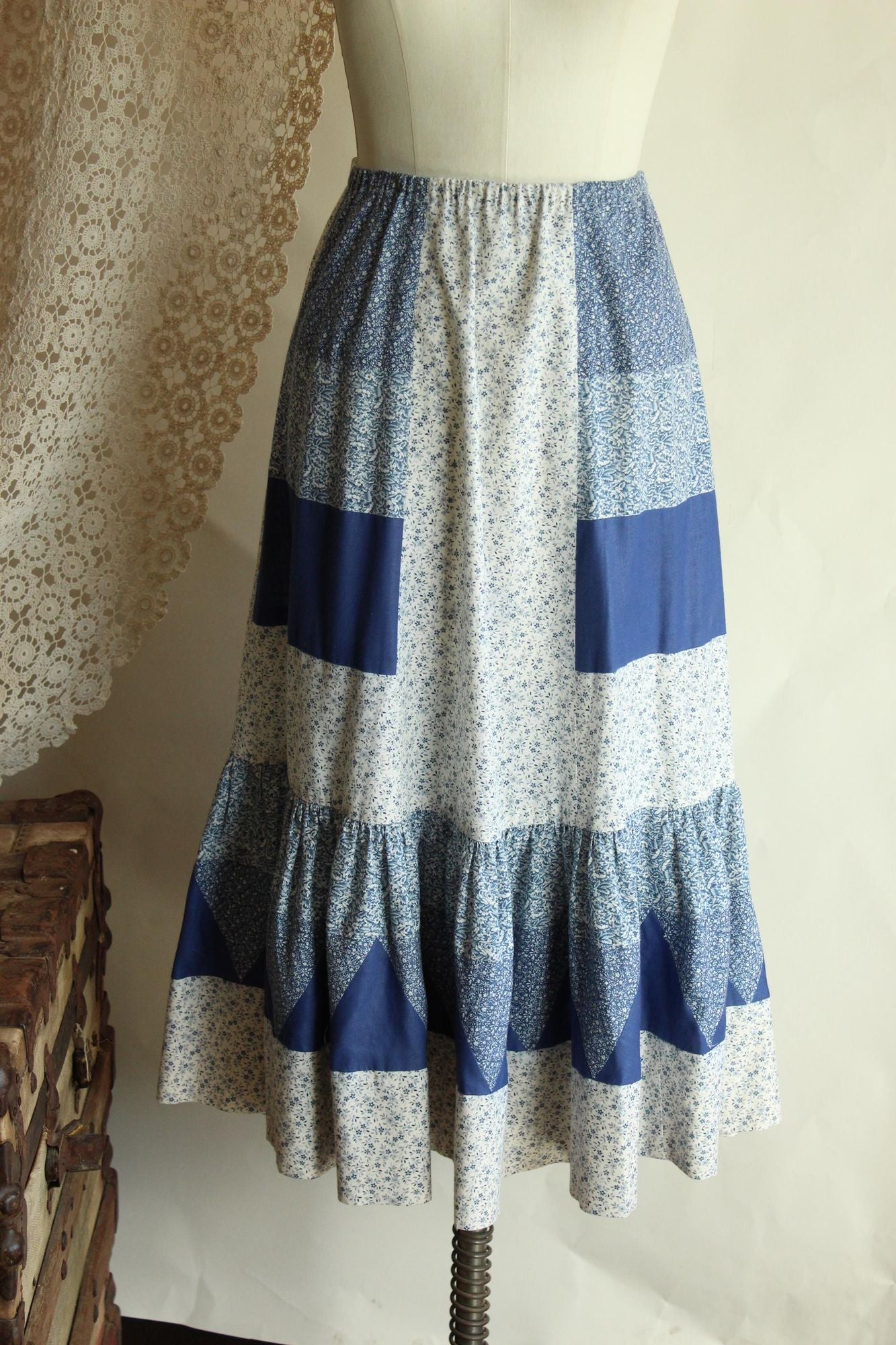 Vintage 1970s Volup Calico Patchwork Prairie Skirt