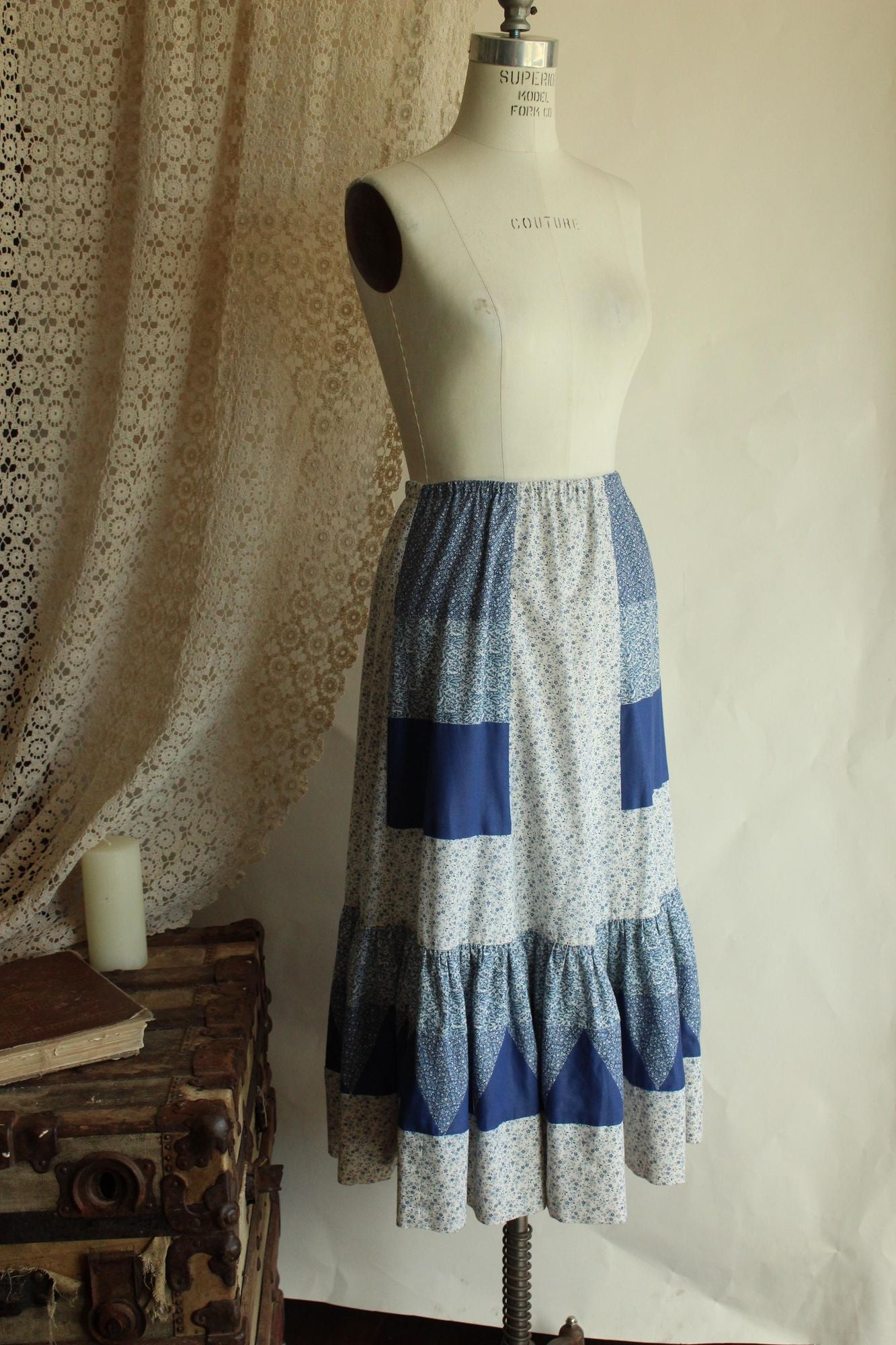 Vintage 1970s Volup Calico Patchwork Prairie Skirt