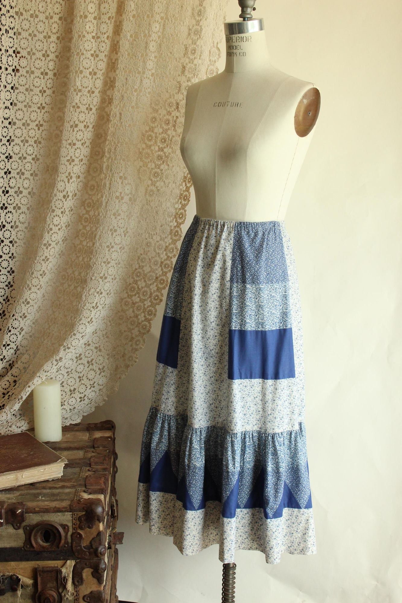 Vintage 1970s Volup Calico Patchwork Prairie Skirt