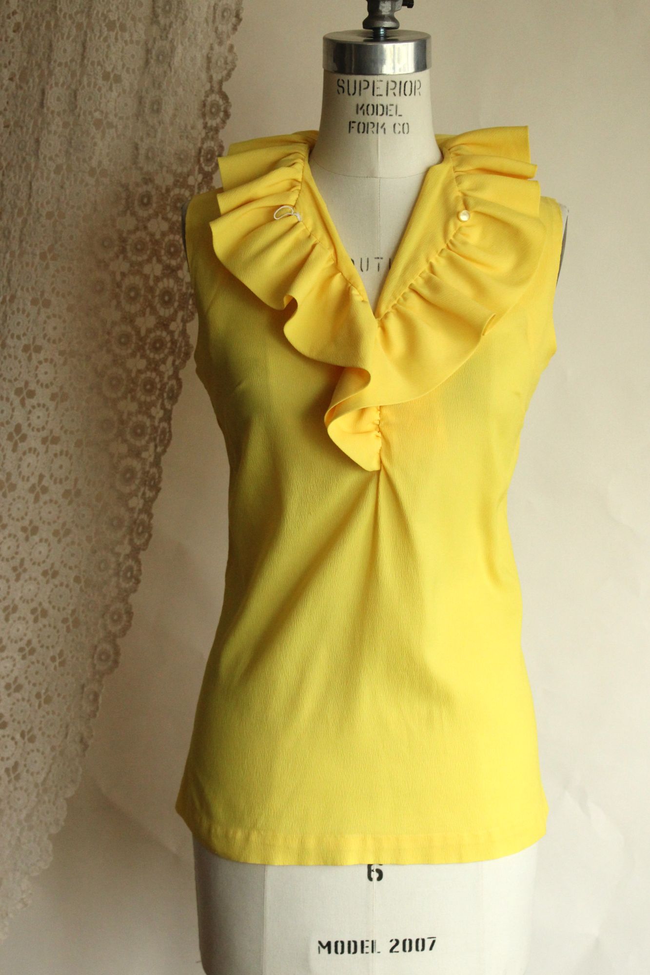 Vintage 1960s Teddi of California Yellow Ruffle Collar Blouse